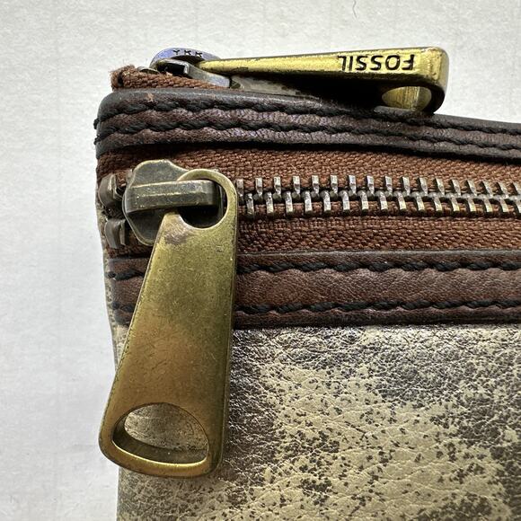 fossil coin purse Double Zip Gold Shimmer Brown Leather CP {QQ} - Picture 2 of 14